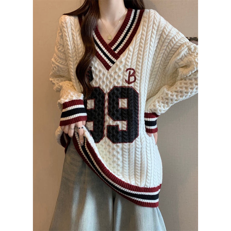Women White Oversized Embroidered Knit Sweater Tops Fall