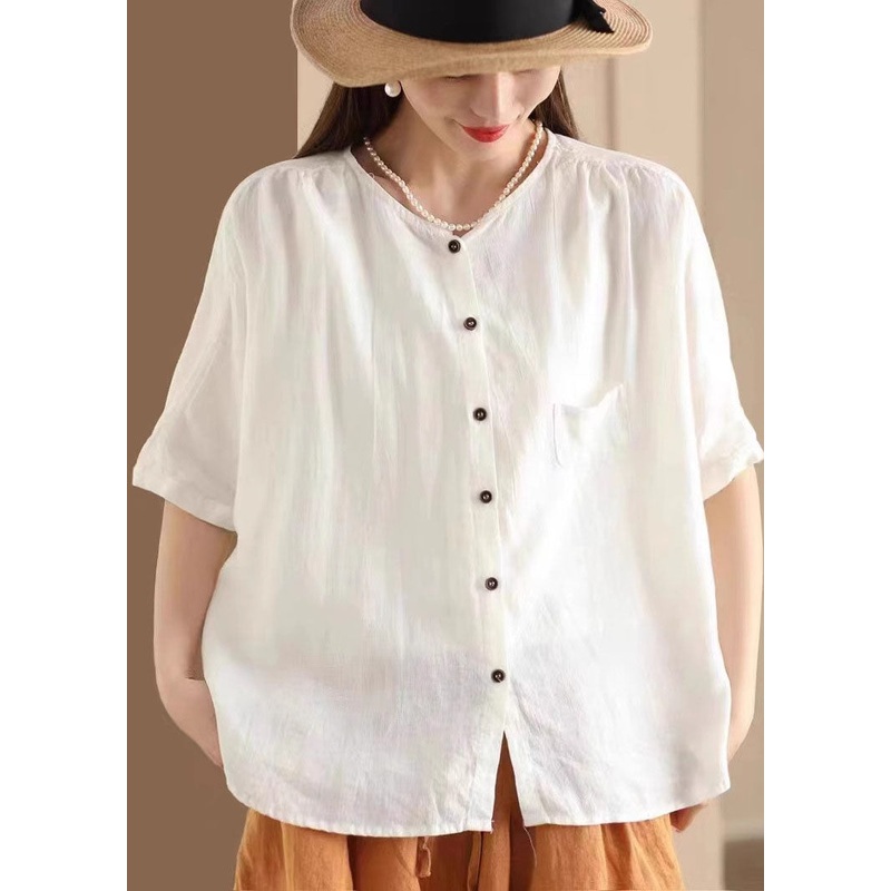 Women White Oversized Linen Shirt Tops Half Sleeve