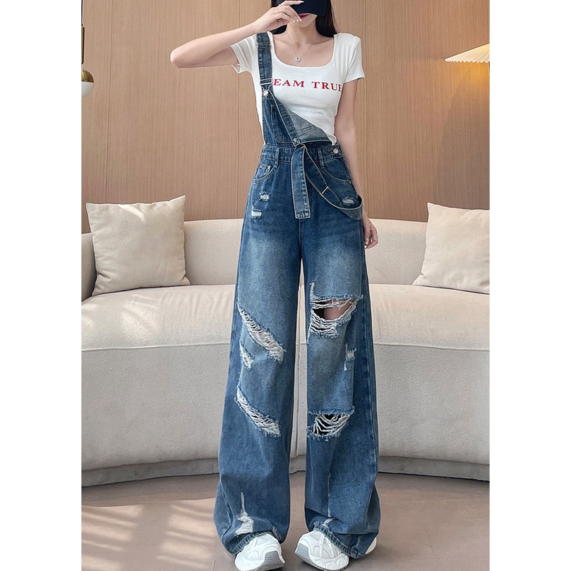 2025 New Blue Ripped Denim Wide Leg Overalls Jumpsuit Fall