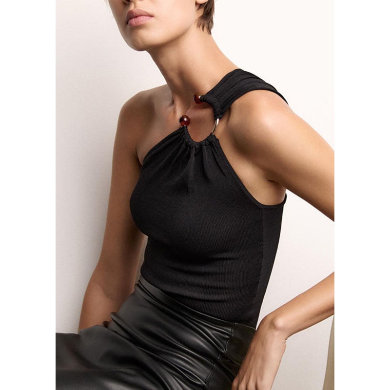 2025 Summer New Black Slim Knitted Asymmetric Top