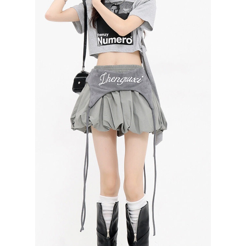 American Style Grey Spicy Girl Spliced Wrinkled Short Skirt Summer