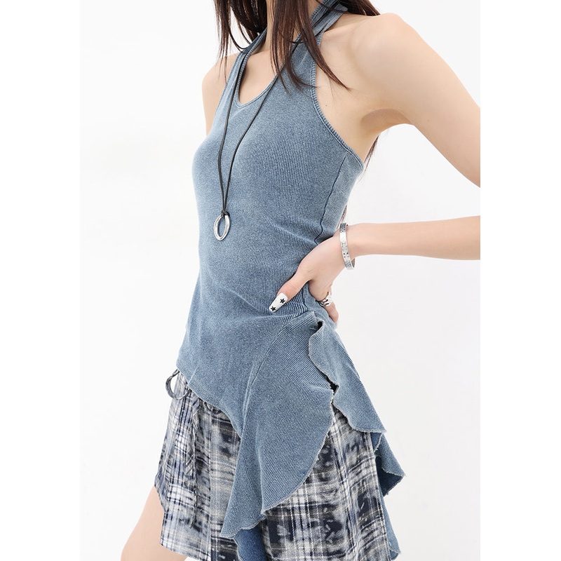 American Style Halter Backless Knitted Tank And Skirts Two Pieces Set Summer