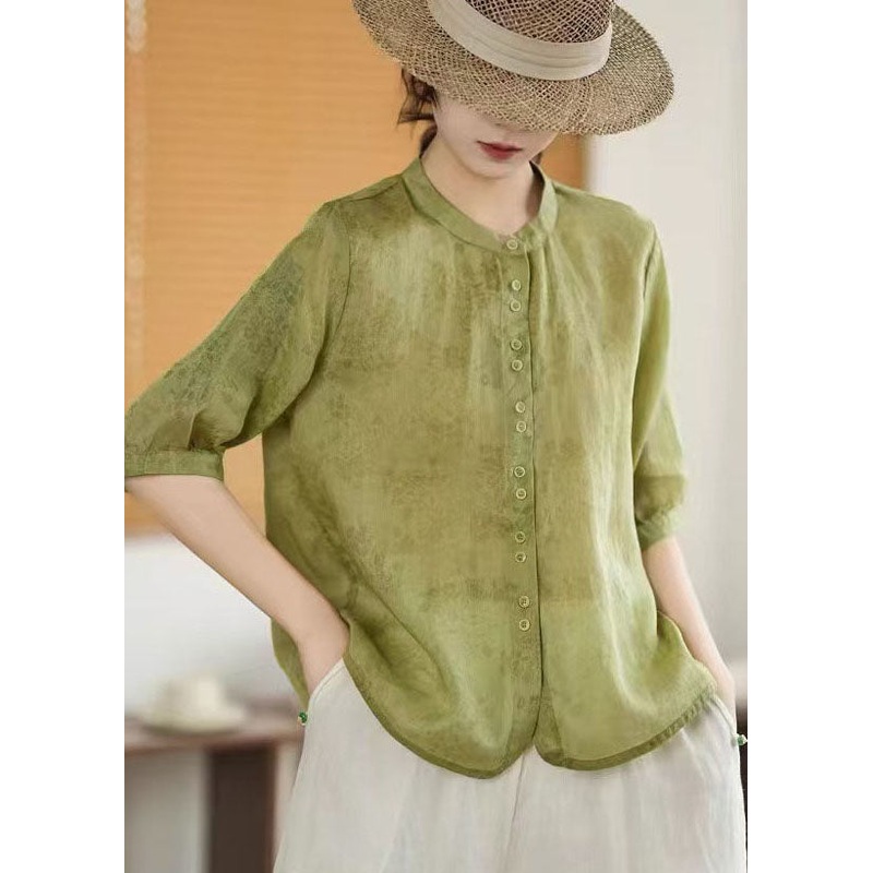 Art Green Single Breasted Print Linen Shirt Half Sleeve