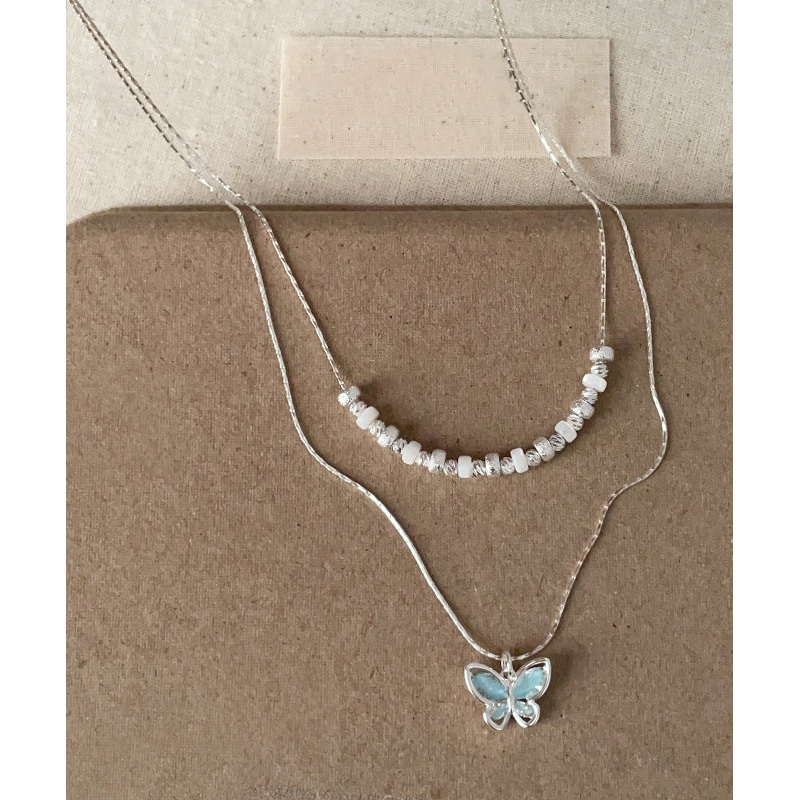 Boutique Blue Copper Crystal Butterfly Double-Layer Pendant Necklace