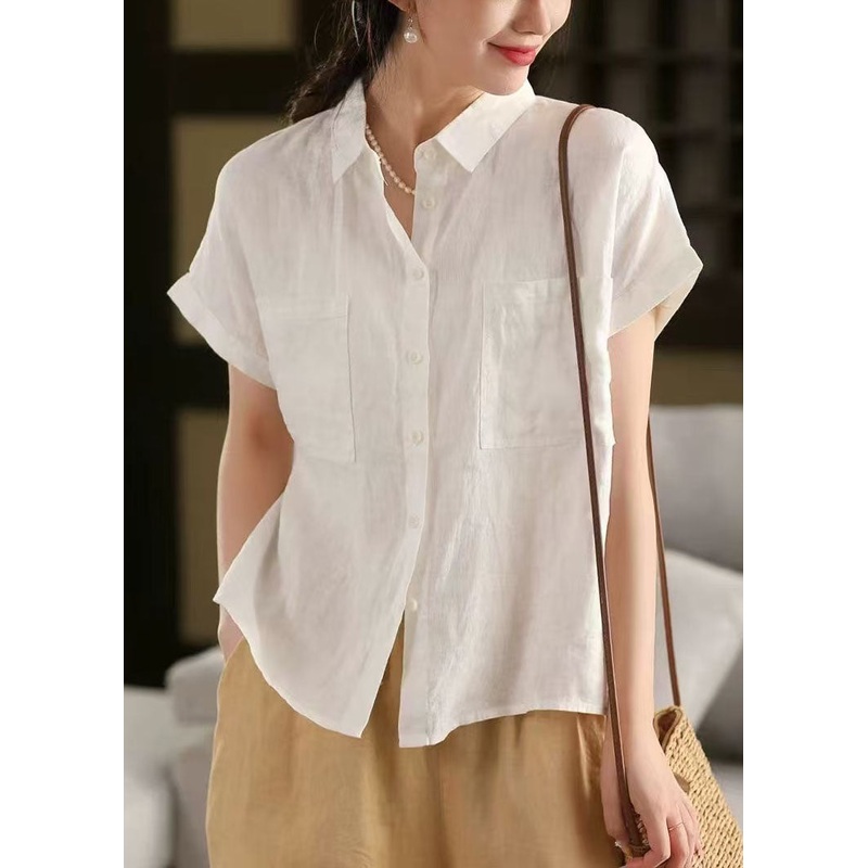 Classy White Peter Pan Collar Pockets Linen Shirt Top Summer