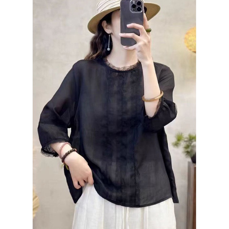 Elegant Black Oversized Patchwork Eyelash Linen Shirt Tops Bracelet Sleeve