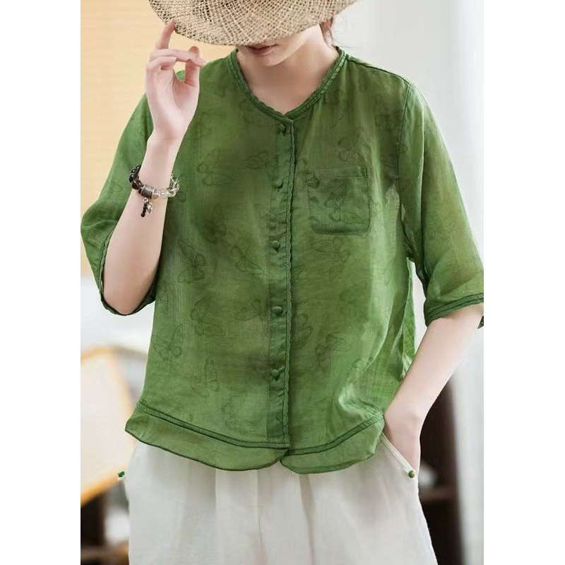 Elegant Green Butterfly Print Patchwork Linen Blouse Tops Half Sleeve