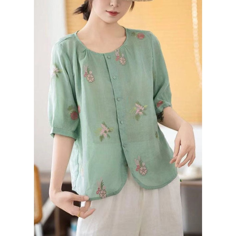 Elegant Green Embroidered Linen Top Half Sleeve