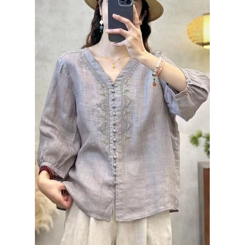 Elegant Grey V Neck Embroidered Linen Shirts Bracelet Sleeve