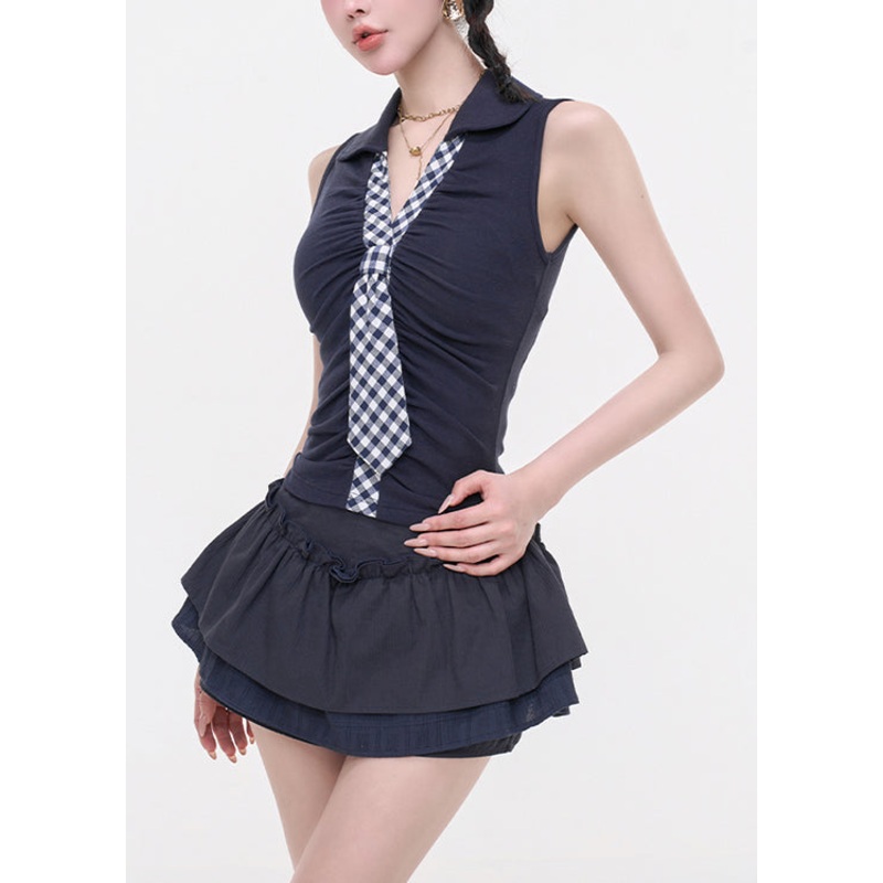 Fashion Navy V Neck Patchwork Cotton T Shirt Tops Sleeveless