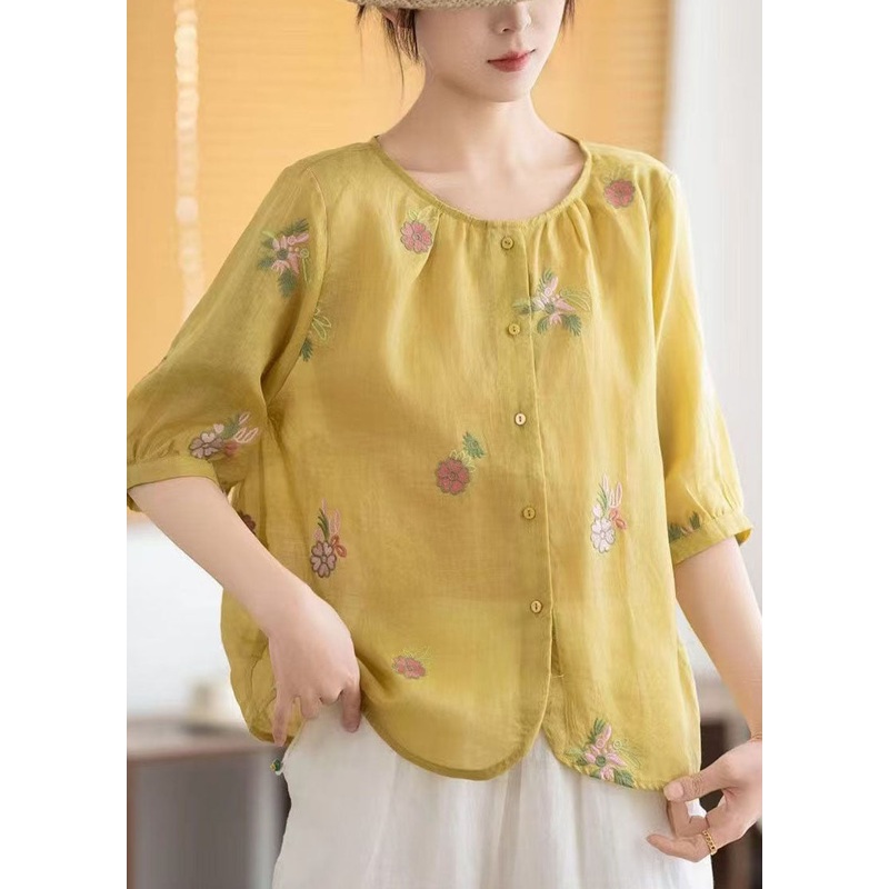 Fine Yellow O-Neck Embroidered Linen Tops Summer