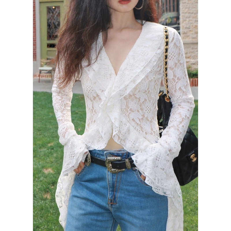 French Fashion White Lace Long V-Neck Cardigan Fall