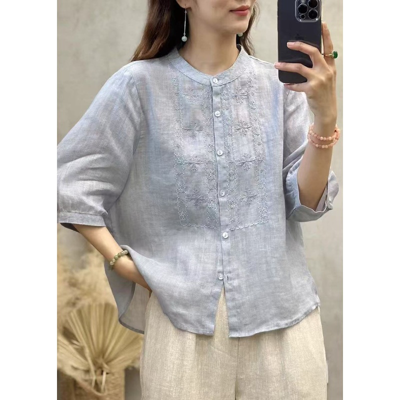 Handmade Blue Embroidered Linen Tops Half Sleeve