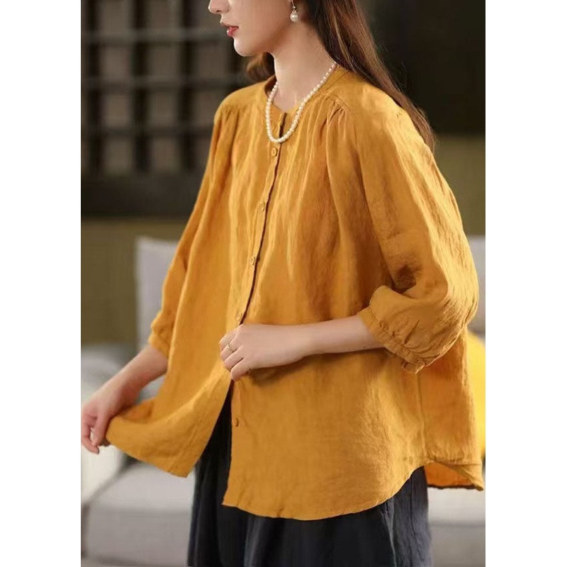 Handmade Yellow Oversized Linen Blouses Bracelet Sleeve