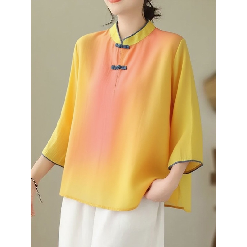 Loose Orange pink Stand Collar Embroideried Print Cotton Shirt Bracelet Sleeve