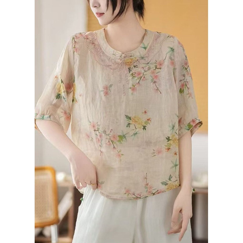New Retro Apricot Print Linen Chinese Style Tops Summer