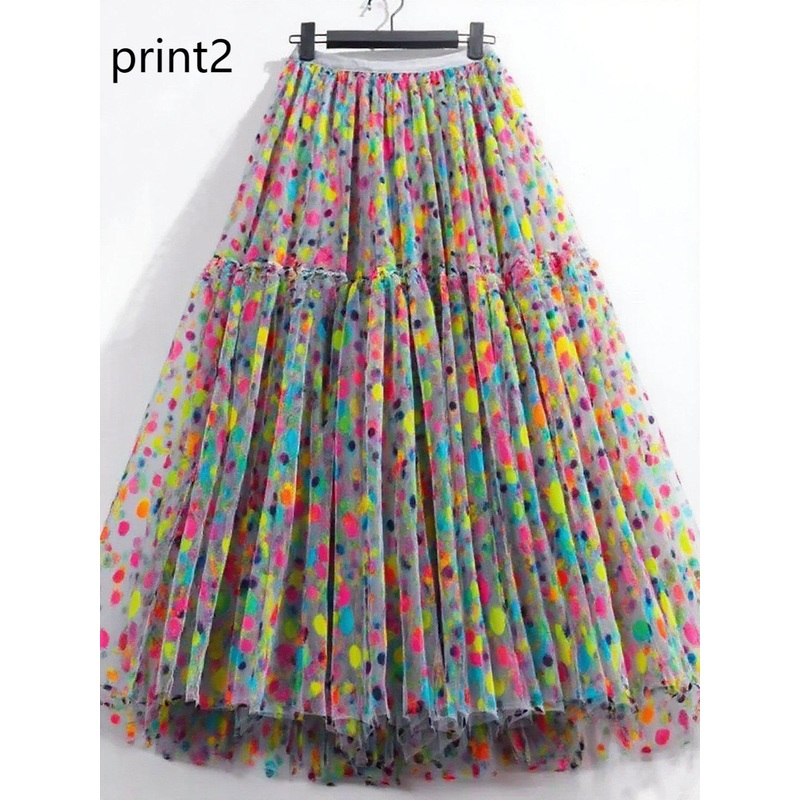 Print2 Patchwork Tulle Skirt Wrinkled Elastic Waist Spring