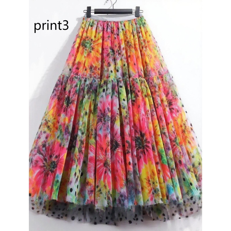 Print3 Patchwork Tulle Skirt Wrinkled Elastic Waist Spring