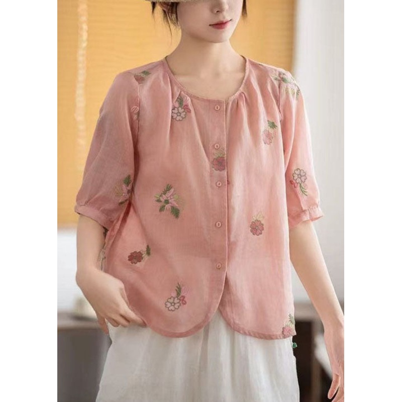 Red Linen Shirts O-Neck Embroidered Summer