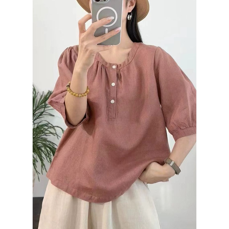 Rust Red Linen Shirt Tops O-Neck Oversized Summer