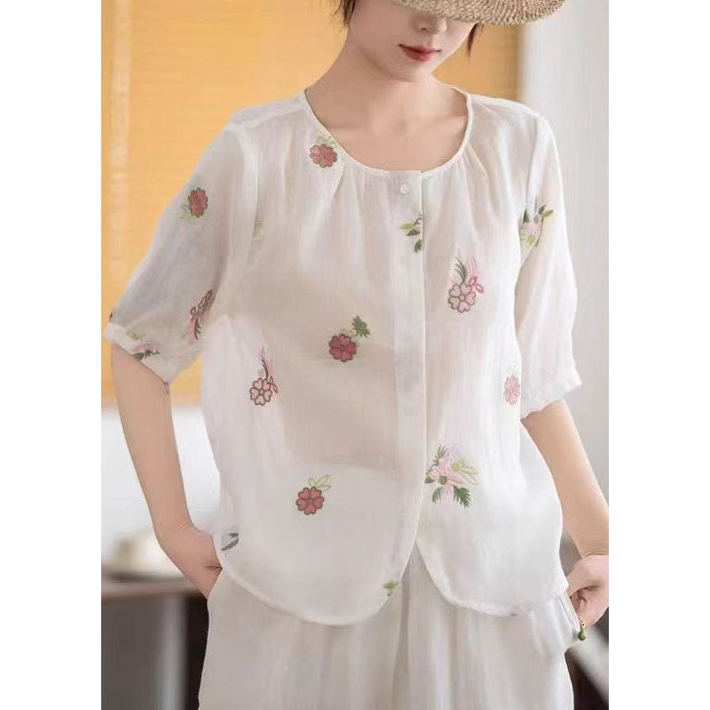Simple White Embroidered Linen Shirt Half Sleeve