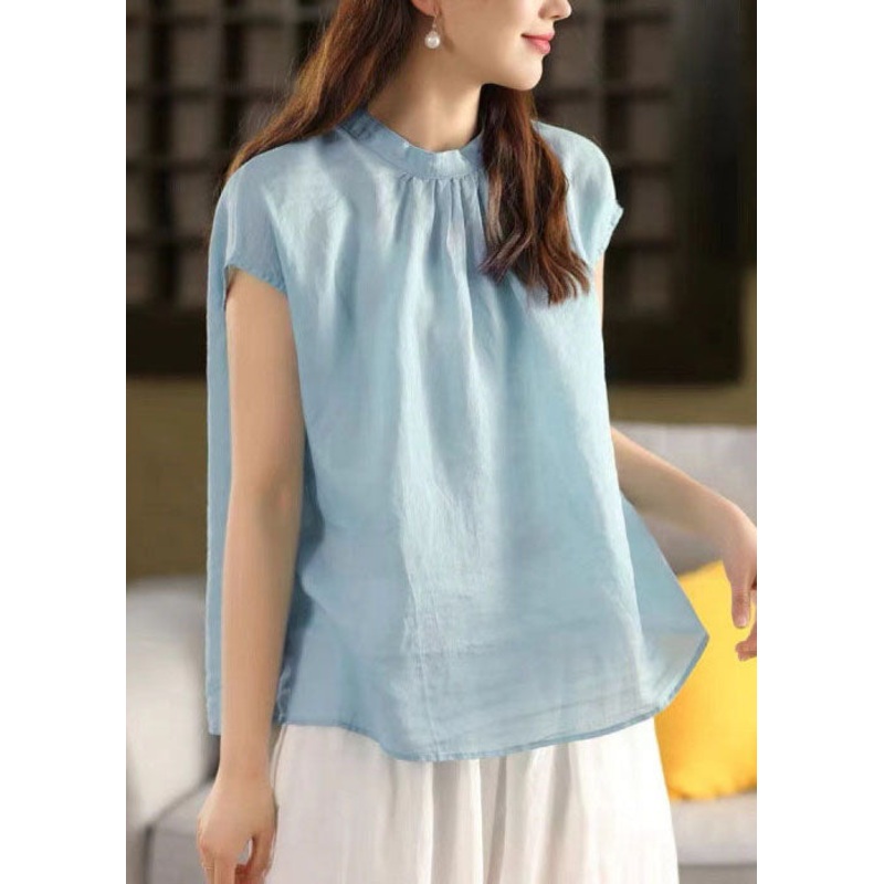 Sky Blue Linen Tops Stand Collar Oversized Summer