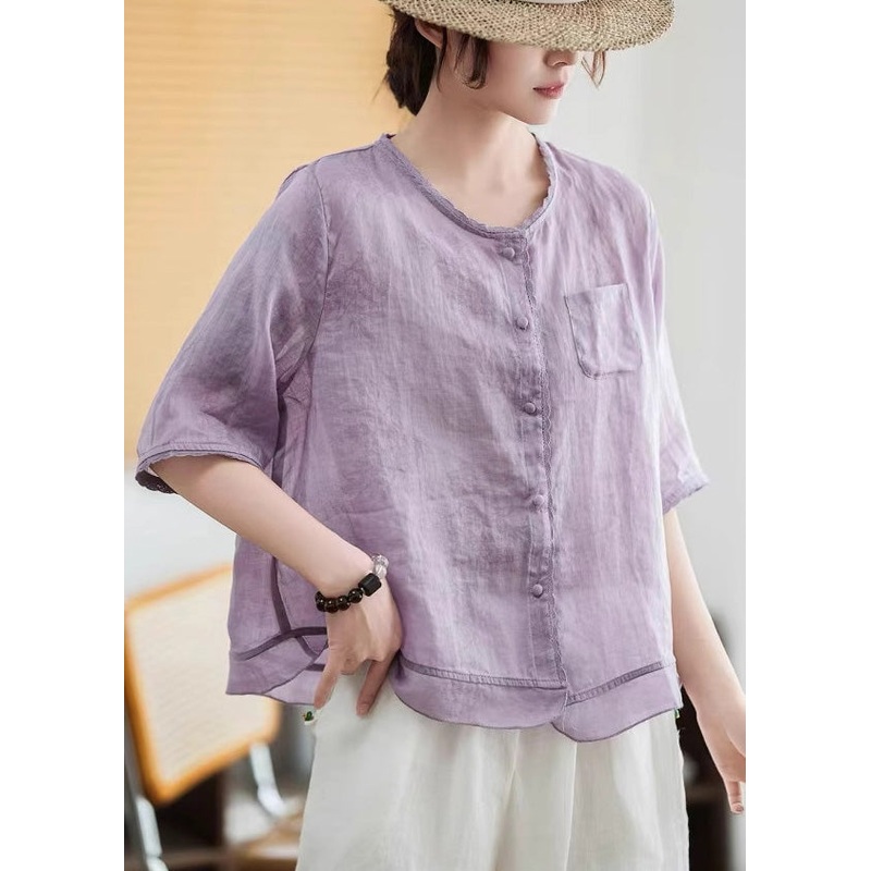 Style Purple Oversized Patchwork Linen Blouse Tops Half Sleeve