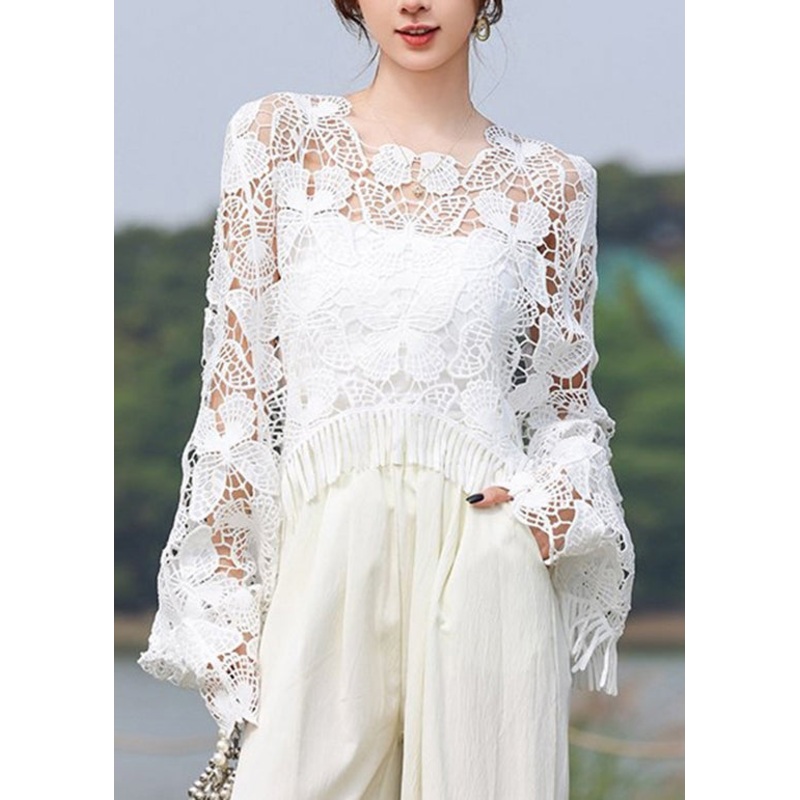 Stylish White Tasseled Hollow Out Butterfly Knit Tops Summer