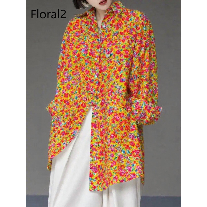 Unique Floral2 Asymmetrical Design Side Open Cotton Long Shirts Spring
