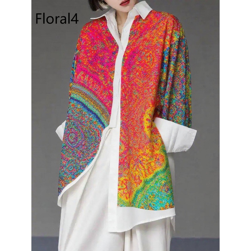 Unique Floral4 Asymmetrical Design Side Open Cotton Long Shirts Spring