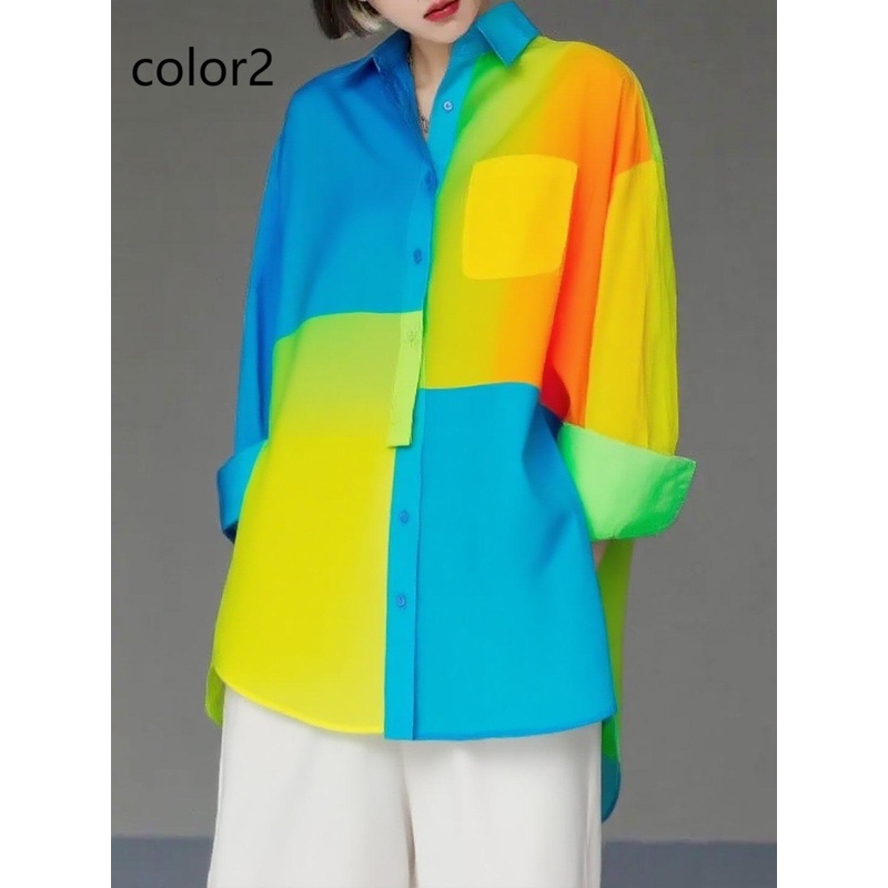 Unique Gradient Color2 Asymmetrical Design Side Open Cotton Long Shirts Spring