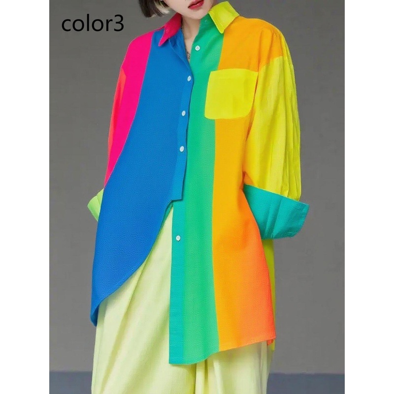 Unique Gradient Color3 Asymmetrical Design Side Open Cotton Long Shirts Spring