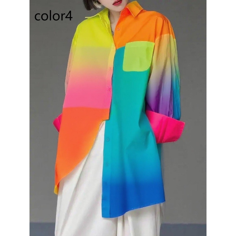 Unique Gradient Color4 Asymmetrical Design Side Open Cotton Long Shirts Spring