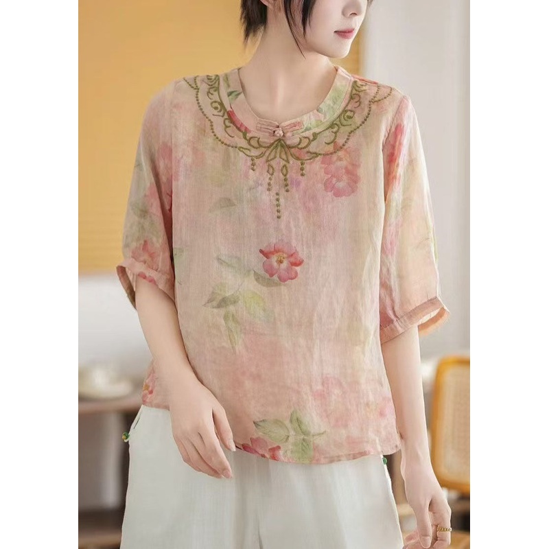 Vintage Pink Print Chinese Style Linen Top Summer