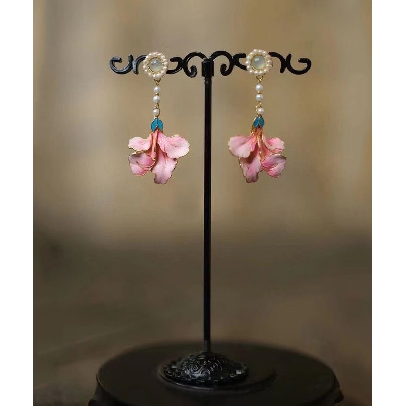 Vintage Rainbow Alloy Pearl Peony Enameling Tassel Drop Earrings