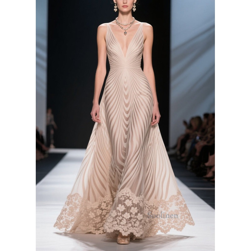 Women Apricot Striped Patchwork Lace Silm Fit Evening Dress Summer