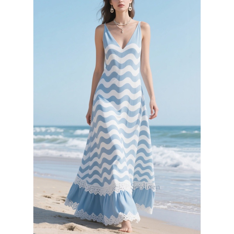 Women Blue Striped Patchwork Lace Chiffon Vacation Dress Summer