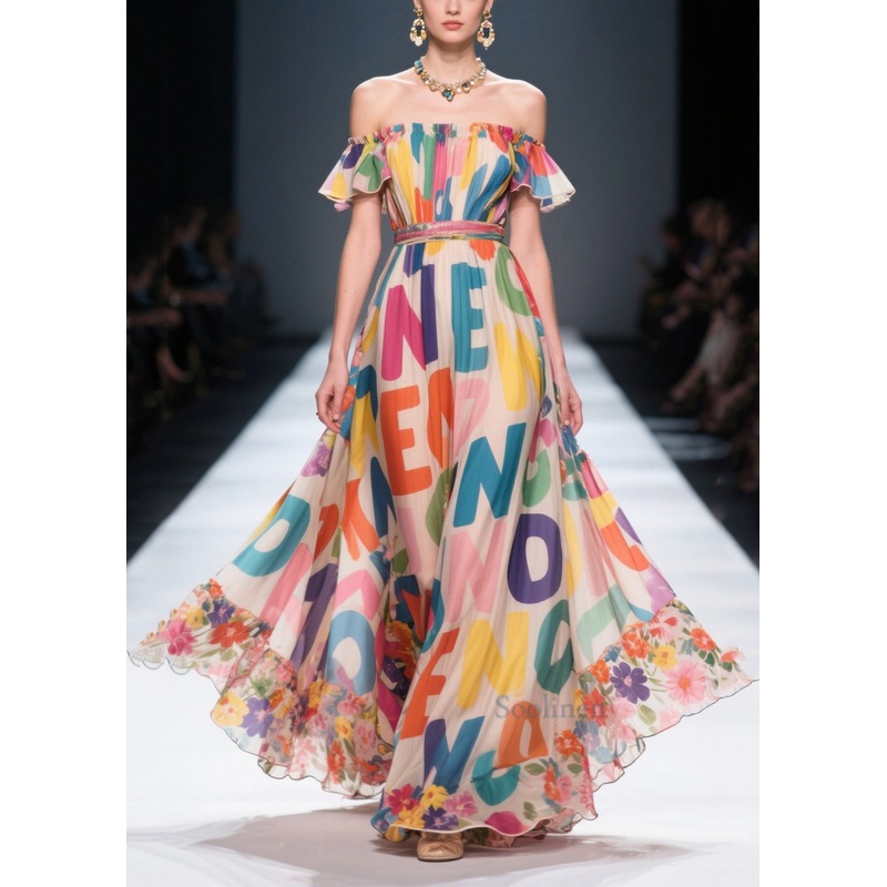 Women Cold Shoulder Letter Print Chiffon Beach Dresses Summer