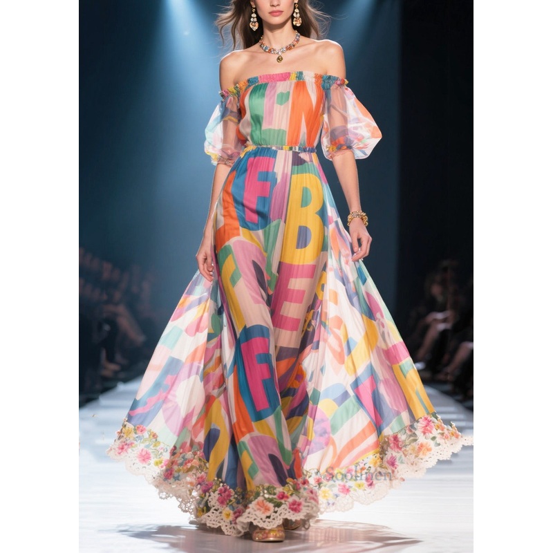 Women Cold Shoulder Letter Print Chiffon Vacation Dress Summer