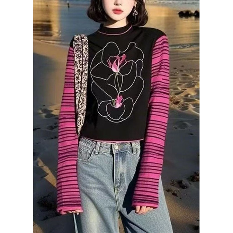 Women Colorblock O Neck Patchwork Cotton T Shirts Fall