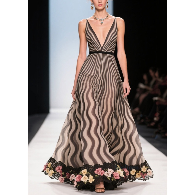 Women Khaki Striped Patchwork Flower Chiffon Party Dress Summer