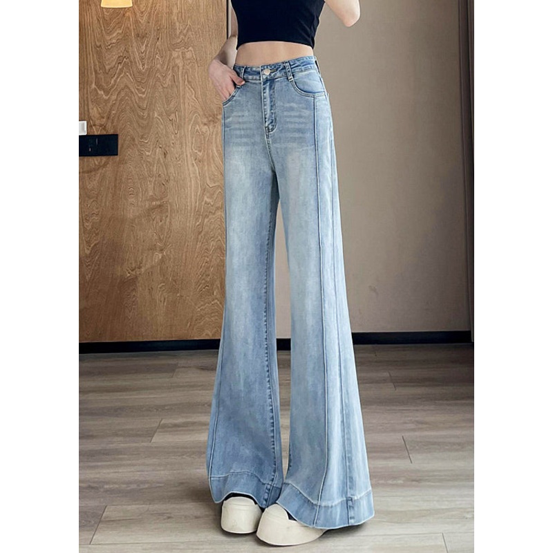 Women Light Blue Pockets Patchwork Denim Pants Fall