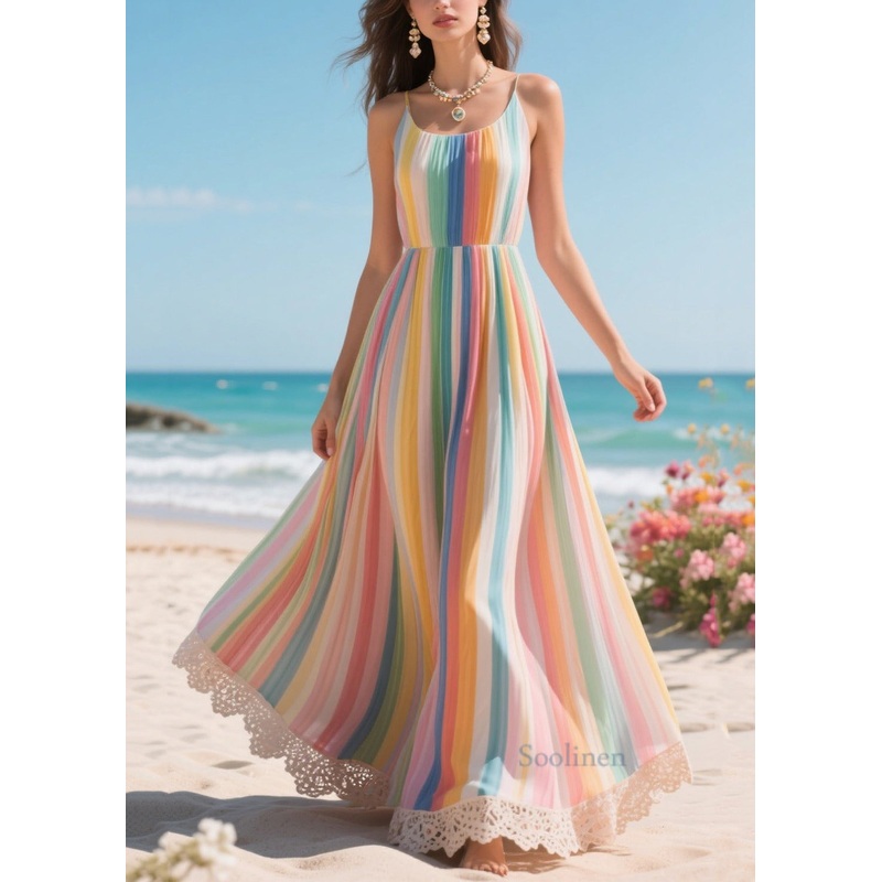 Women Rainbow Oversized Striped Chiffon Beach Dress Summer