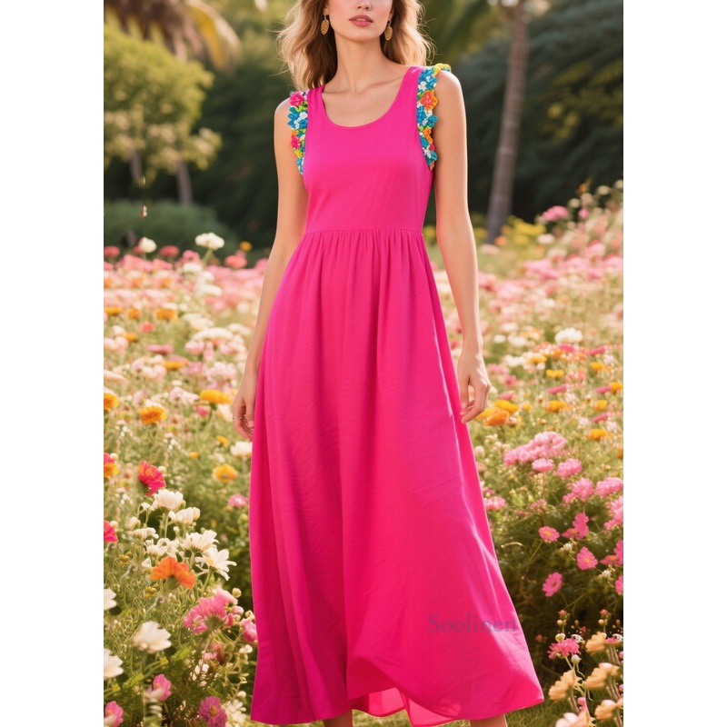 Women Rose U Neck Patchwork Cotton Long Dress Sleeveless