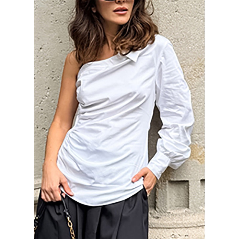 Women White One Shoulder Patchwork Cotton Shirt Tops Fall