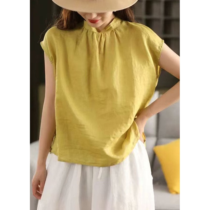Yellow Loose Linen Tank Tops Stand Collar Summer