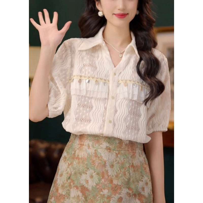 Art Beige Sequins Hollow Out Lace Cotton Blouses Summer