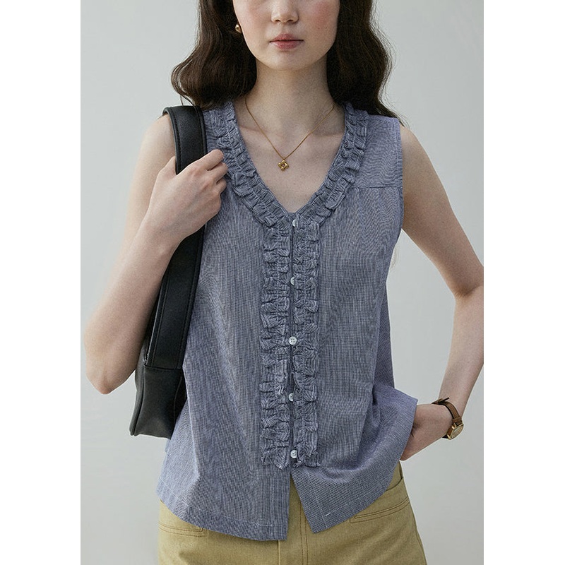 Art Blue Ruffled Button Wear On Both Sides Cotton Blouses Sleeveless