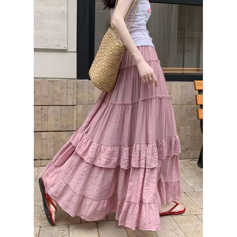 Art Pink Ruffled Elastic Waist Cotton Skirts Summer