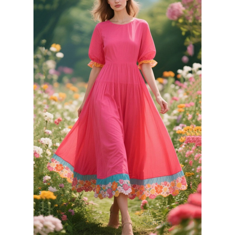 Art Rose Oversized Patchwork Cotton Maxi Dress Summer